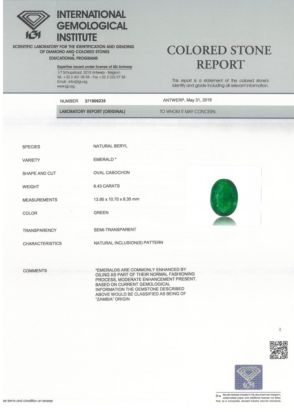8802177-cabochon-rich-velvety-royal-green-igi-zambia-natural-emerald-8.43-ct